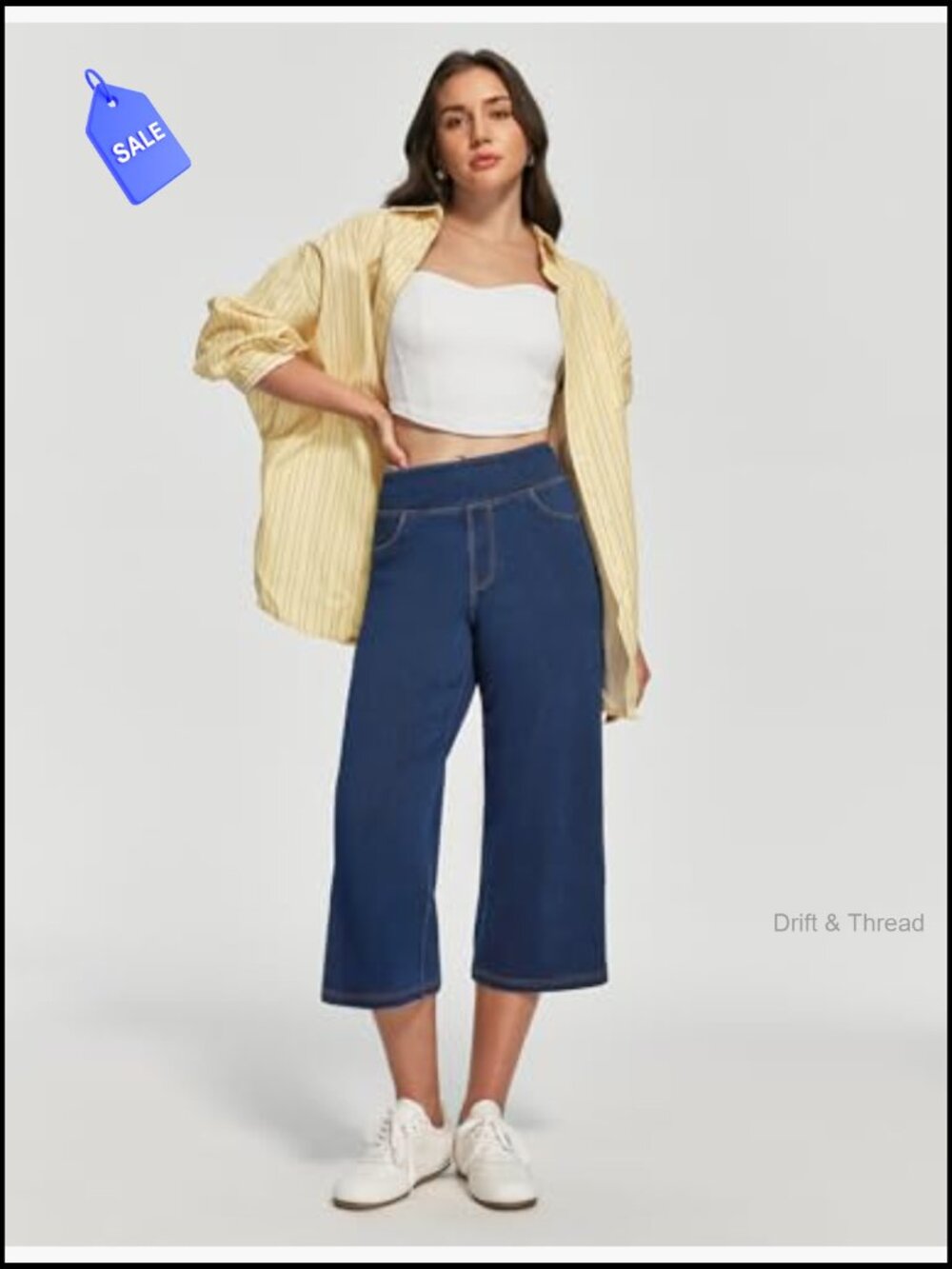 High Waisted Pull On Capri Jeans with Pockets Wide Leg - Picture 3 of 6